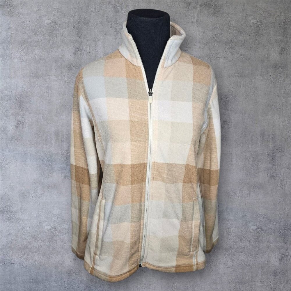 Lands End Women's Plaid Tan Beige Fleece Full Zip Jacket Size XS/P 2-4